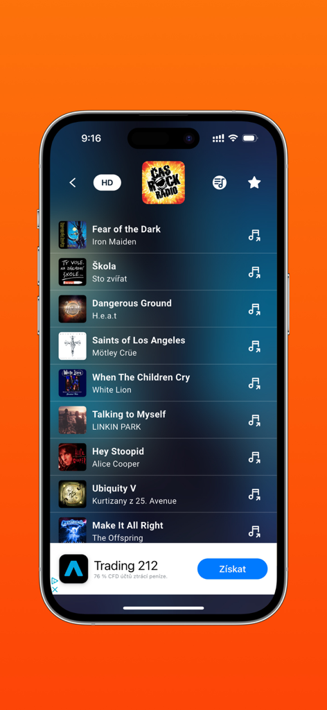 PLAY.CZ app interface showing a list of recently played rock songs on the Cas Rock Radio station.