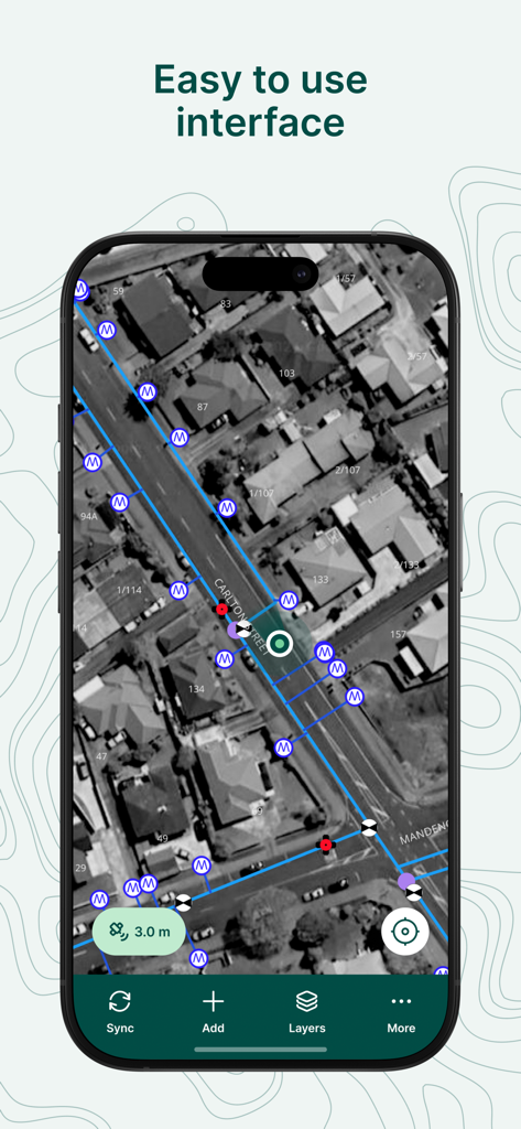 Mergin Maps: QGIS in pocket - Screenshot der Mergin Maps mobilen App zeigt eine einfach zu bedienende Satellitenkartenoberfläche mit professionellen GIS-Vermessungsmarkierungen und Datenlinien