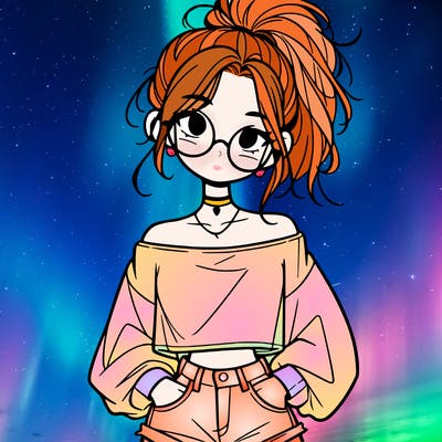 girl with a messy ponytail glasses a baggy crop top and jean shorts