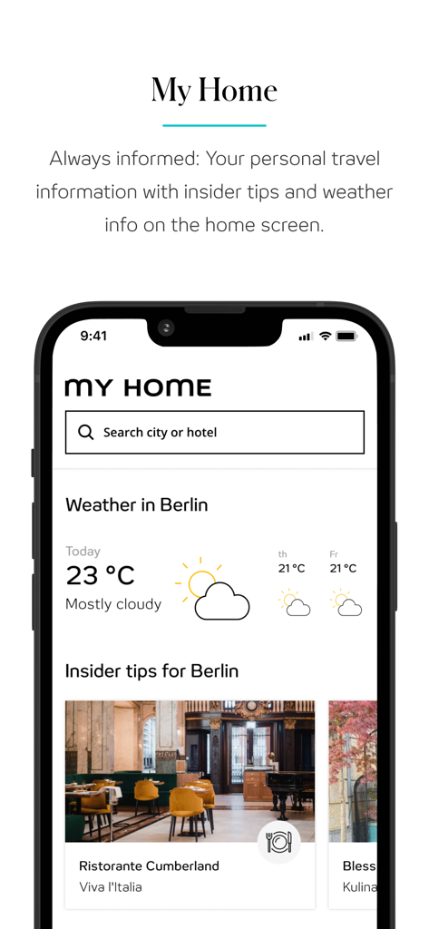 Motel One App Mein Zuhause-Bildschirm mit Wetter- und Reisetipps
