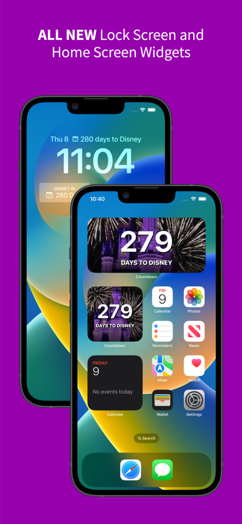 Countdown for Disney World - iPhone displaying Disney World countdown widgets on both lock and home screens