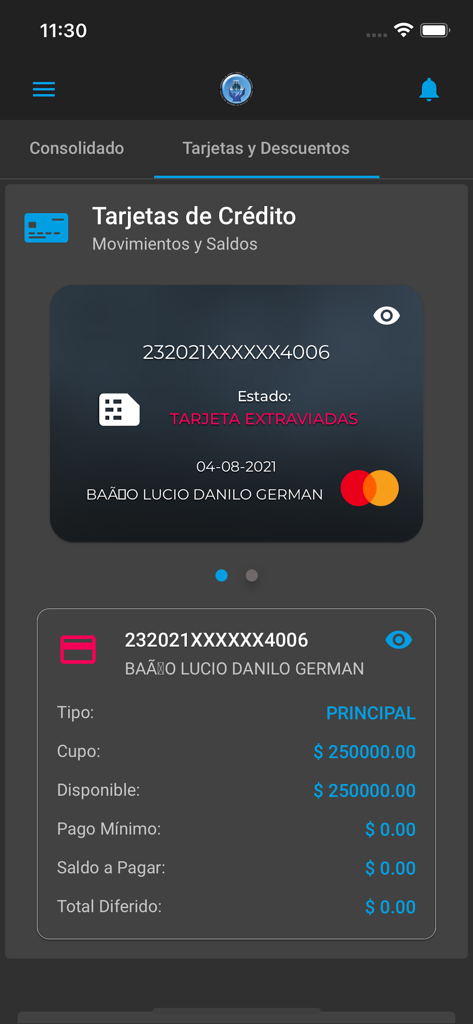 Cacspmec Móvil - Pantalla de saldo y transacciones de tarjetas de crédito de la aplicación móvil Cacspmec Movil