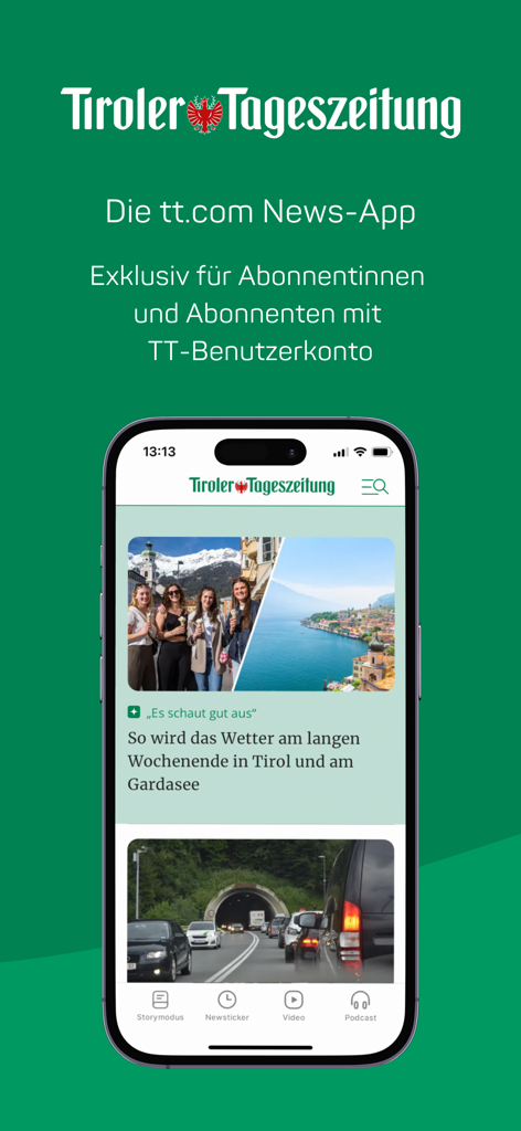 tt.com - Smartphone displaying the Tiroler Tageszeitung news app home screen with regional articles and navigation icons