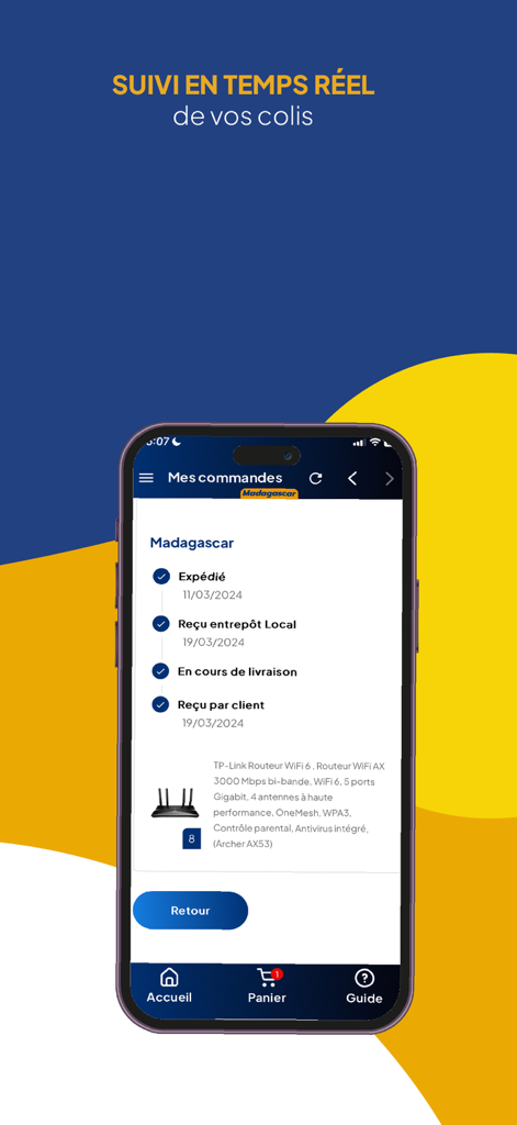 Cart'In - Mobile interface showing the real time tracking of a package in the Cart In app