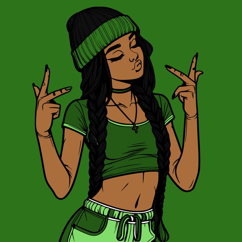 realistic teenage girl with braids and a beanie and crop top doing 🫶🏼