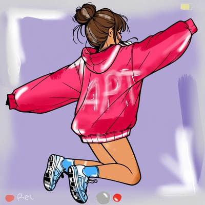 realistic girl jumping with a bun and oversized sweatshirt