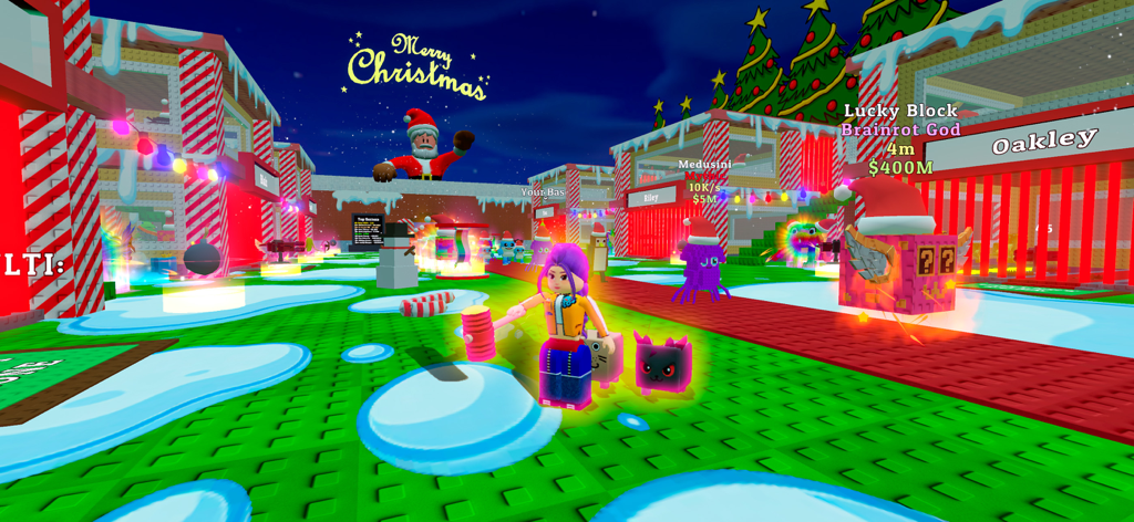 Steal all and Catch Animal - Un personaggio e animali domestici a forma di cubo in un mondo 3D innevato e a blocchi decorato per Natale.