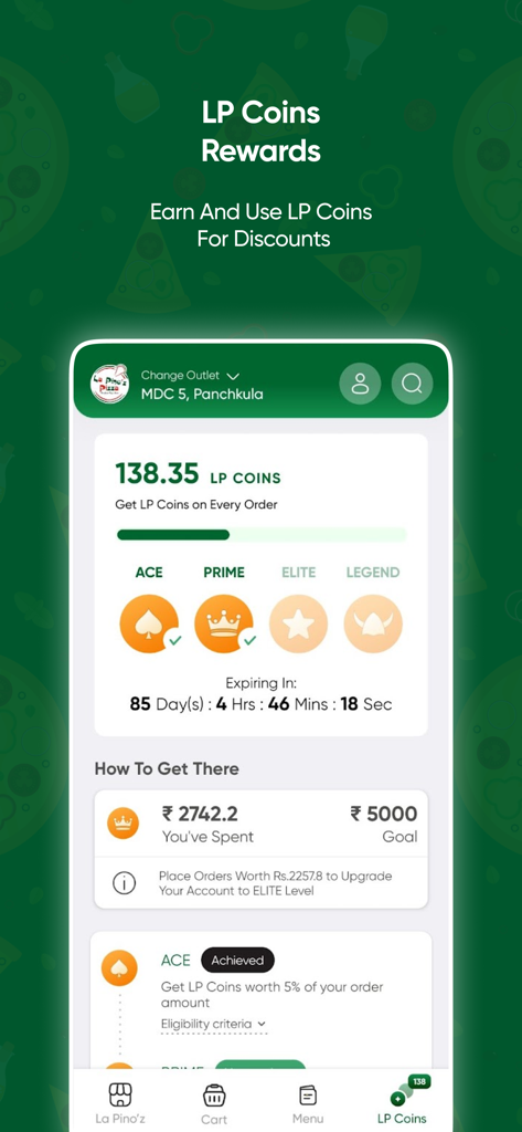 La Pino'z - Order Pizza Online - Écran des récompenses de l'application de pizza La Pinoz affichant les pièces LP et les niveaux de fidélité