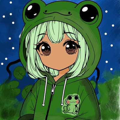 cute realistic girl in a froggy hoodie