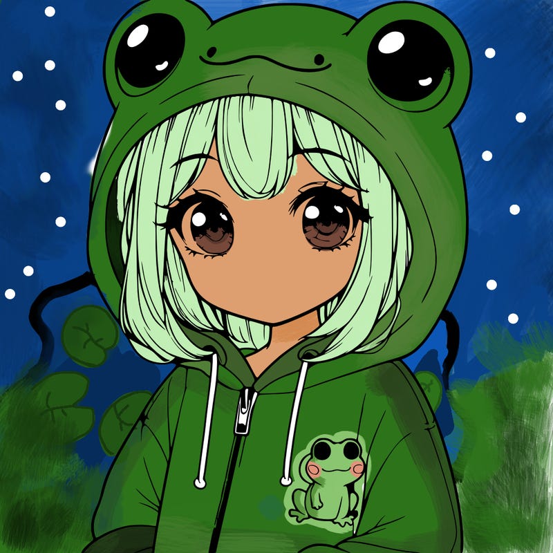 cute realistic girl in a froggy hoodie