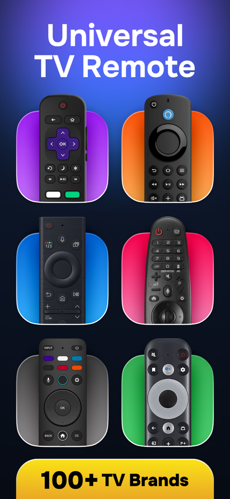 Universal TV Remote Control․ - Una colección de diferentes controles remotos de TV físicos sobre fondos coloridos que destacan la compatibilidad con más de 100 marcas.