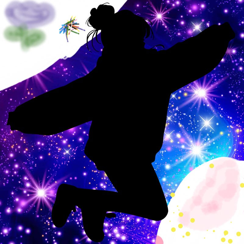 realistic girl jumping with a bun and oversized sweatshirt