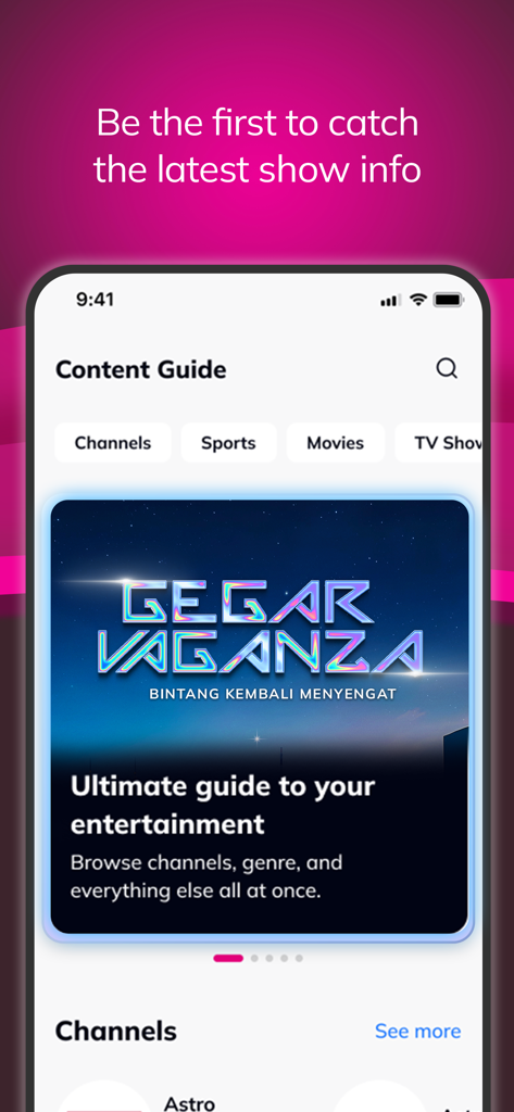 Interface du guide de contenu de l'application mobile My Astro présentant les points forts de l'émission Gegar Vaganza et les catégories de chaînes.