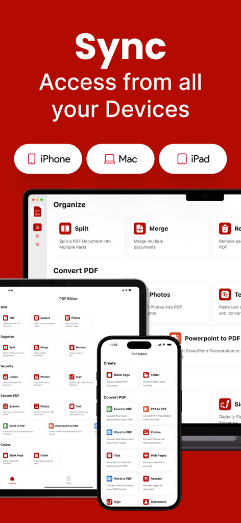 PDF Editor - Fill, Edit & Sign - PDF Editor app interface on iPhone iPad and Mac demonstrating cloud sync
