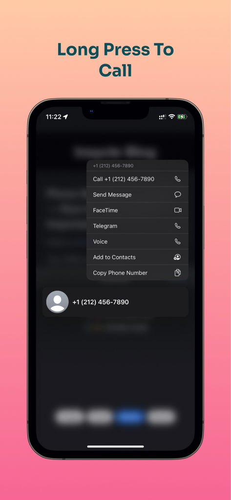 Extractor for Safari - Captura de pantalla de un iPhone de Extractor para Safari que muestra un menú con opciones para llamar o enviar un mensaje a un número de teléfono extraído.
