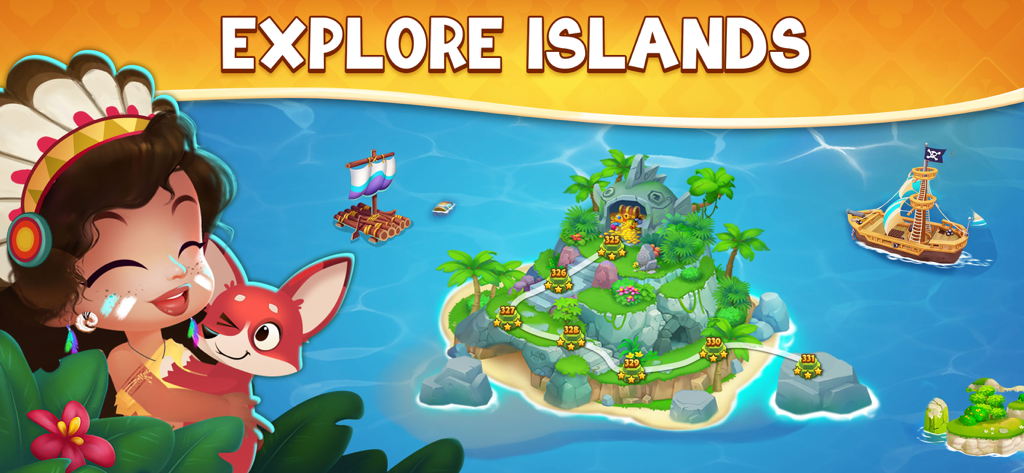 Tri Peaks Solitaire 2026 - Adventurous girl hugging a cute fox over a tropical island game map showing level progression