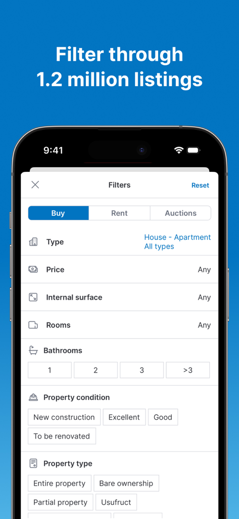 Filtros de búsqueda inmobiliaria detallados en la app Immobiliare.it