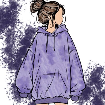 realistic girl with a oversized sweatshirt on and a bun