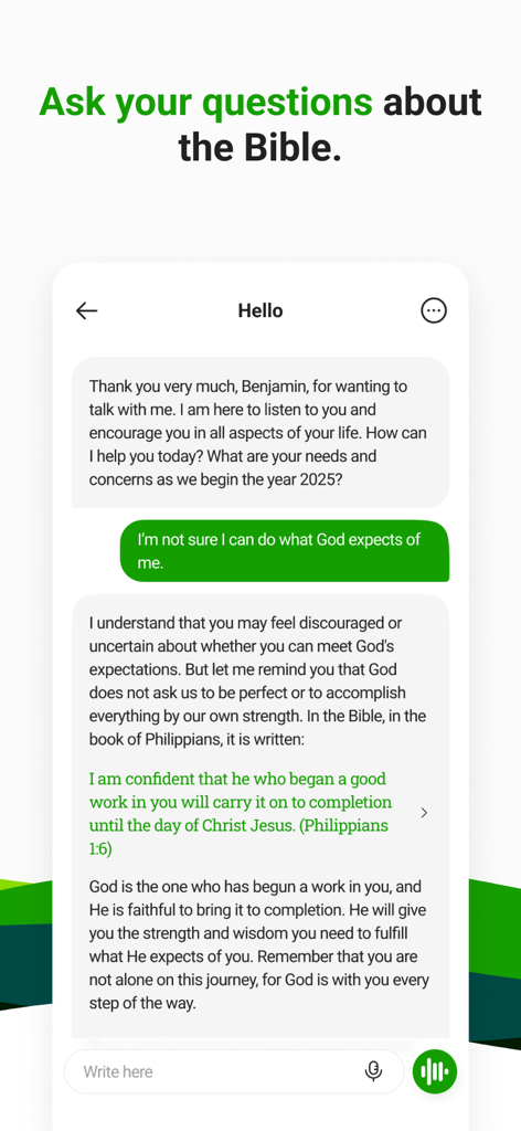 HelloBible app chat interface answering a spiritual question with a Bible verse.