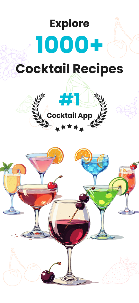 Cocktail Recipes & Mixology - Ilustrações coloridas de vários cocktails e bebidas com o texto dizendo explore mais de 1000 receitas