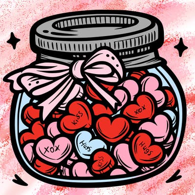 a jar filled with heart-shaped candies and a ribbon around the neck.
