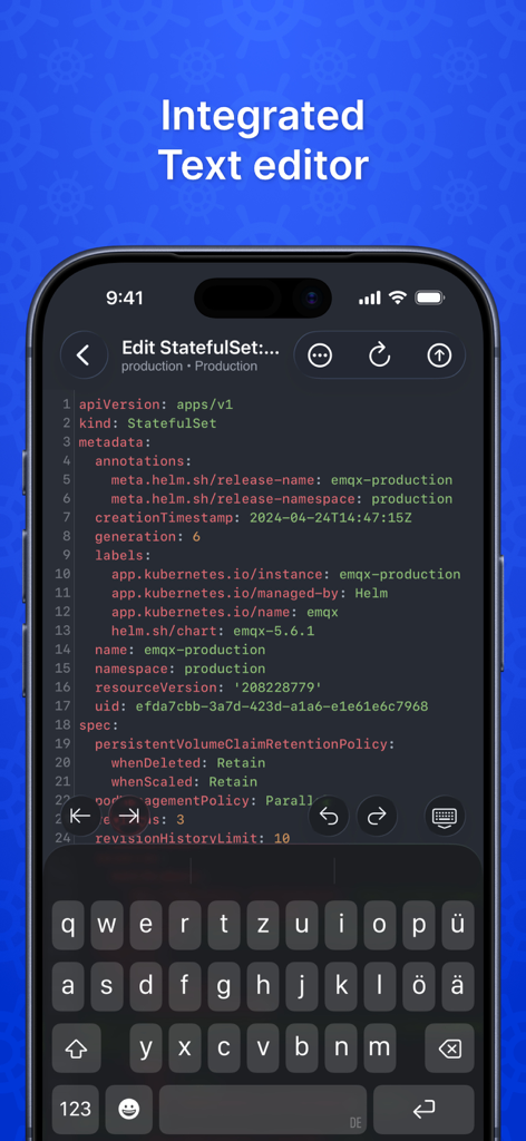 Nautik for Kubernetes - Editor de texto YAML integrado en la aplicación móvil Nautik para Kubernetes en iPhone