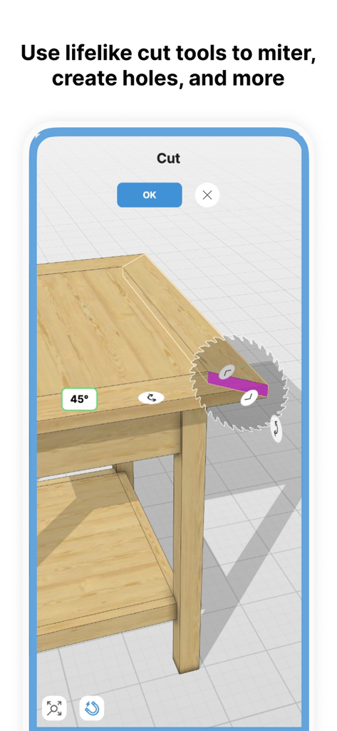 MakeByMe app interface showing a 45 degree miter cut on a 3D wooden furniture model