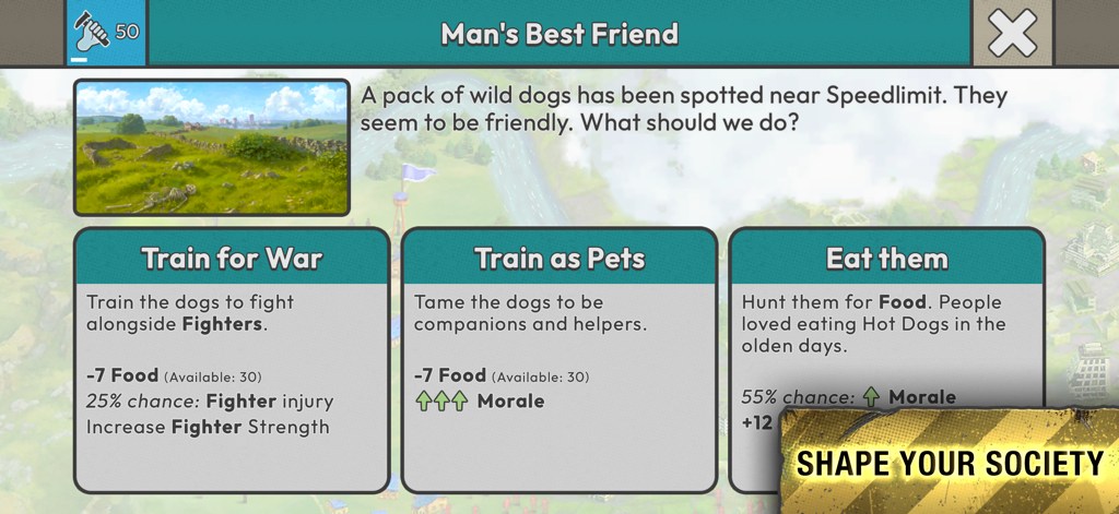 After Inc. - After Inc game screenshot showing a strategic decision menu titled Mans Best Friend where the player chooses how to interact with a pack of wild dogs