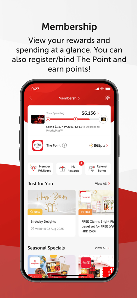 SmarTone CARE app membership screen showing loyalty points spending overview and personalized rewards