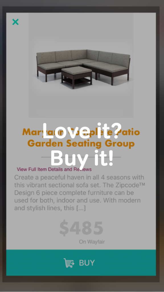 Room Remix - AR Decor & Design - A product page in the Room Remix app showing a patio furniture set with a buy button.
