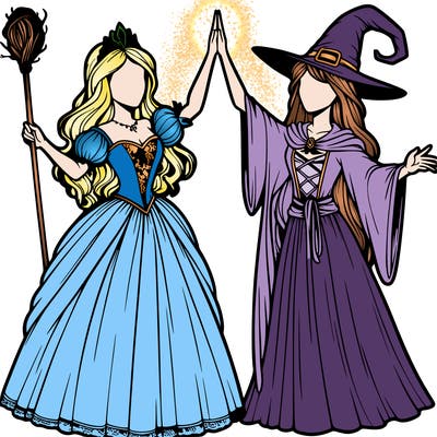 detailed realistic split of a princess and a witch