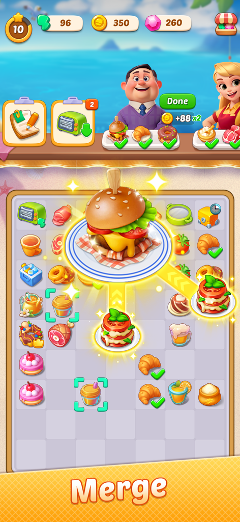 A gameplay screenshot showing a food merge puzzle grid with a character serving a burger in Gossip Girls Restaurant-Merge.