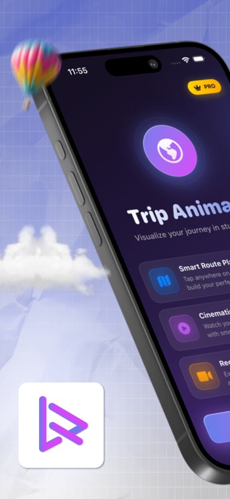 MapVibe: Travel Video Maker - Teléfono inteligente mostrando la interfaz de la aplicación MapVibe para crear animaciones de viajes en 3D y planificar rutas