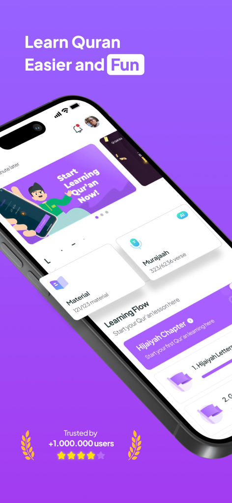 Qara’a - #1 Learn Quran - Qara’aアプリのダッシュボードをスマートフォンに表示し、コーラン学習の進捗状況とヒジャイヤ文字の章を示しています