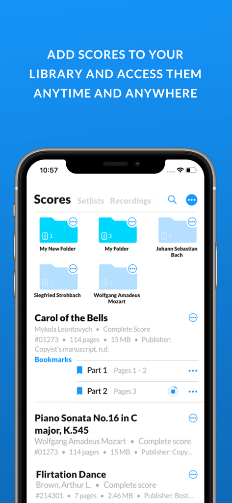 IMSLP - IMSLP app library view showing organized folders and sheet music scores on an iPhone