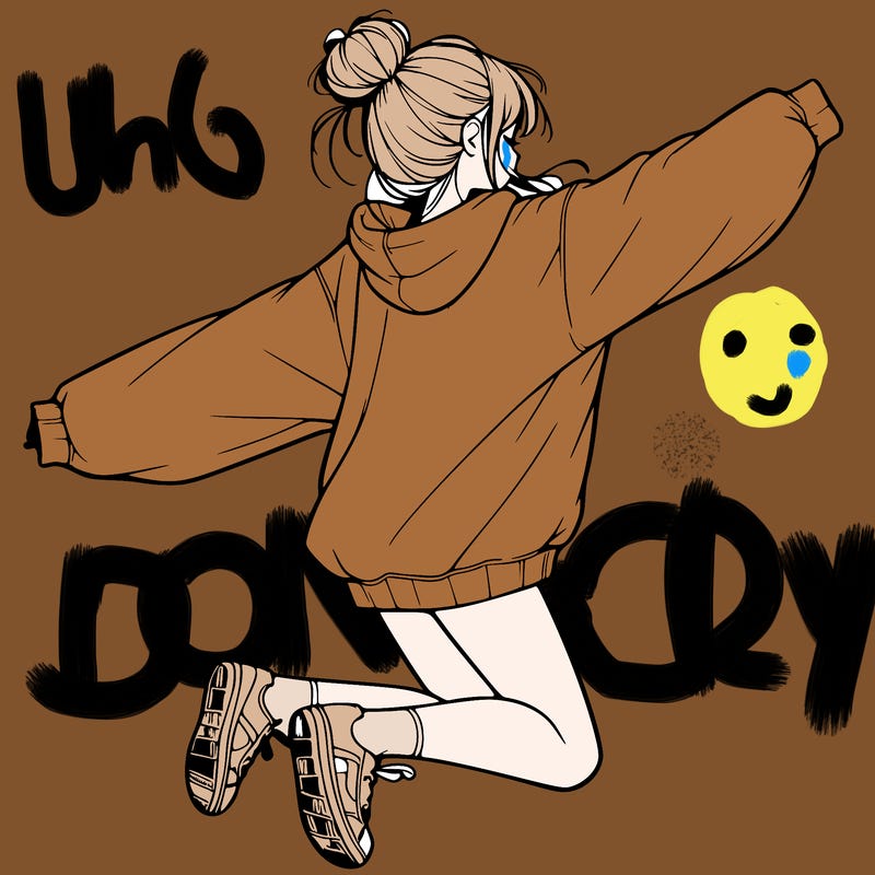 realistic girl jumping with a bun and oversized sweatshirt