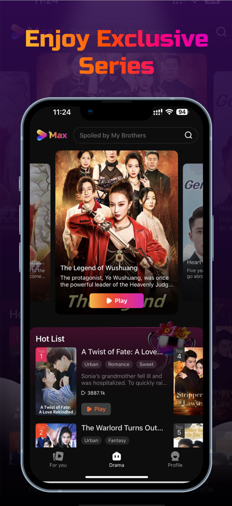 Drama Max - Short Drama Reels - Homepage dell'app Drama Max che mostra serie drammatiche brevi in evidenza come The Legend of Wushuang e A Twist of Fate