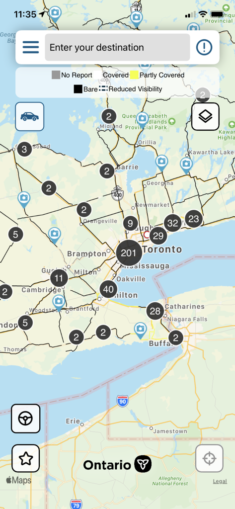 Ontario 511 - Ontario 511 mobile app interface showing a real-time traffic map with road conditions and incidents around Toronto and Buffalo.