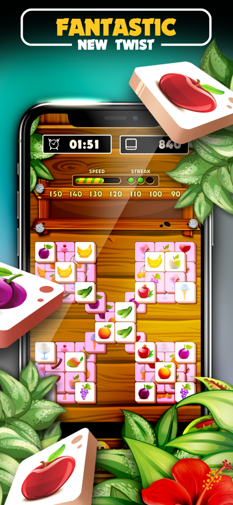 Gameplay screen of Mahjong Solitaire Cash Master with fruit tiles and score board