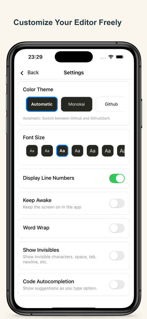 Interface of the Python Coding app settings page showing editor themes, font sizes, and coding features.