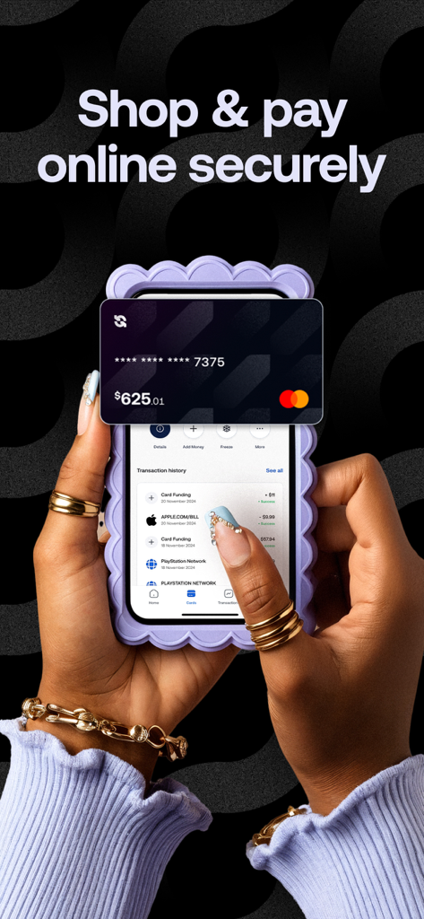 Smartphone displaying the Grey banking app virtual card and transaction history.