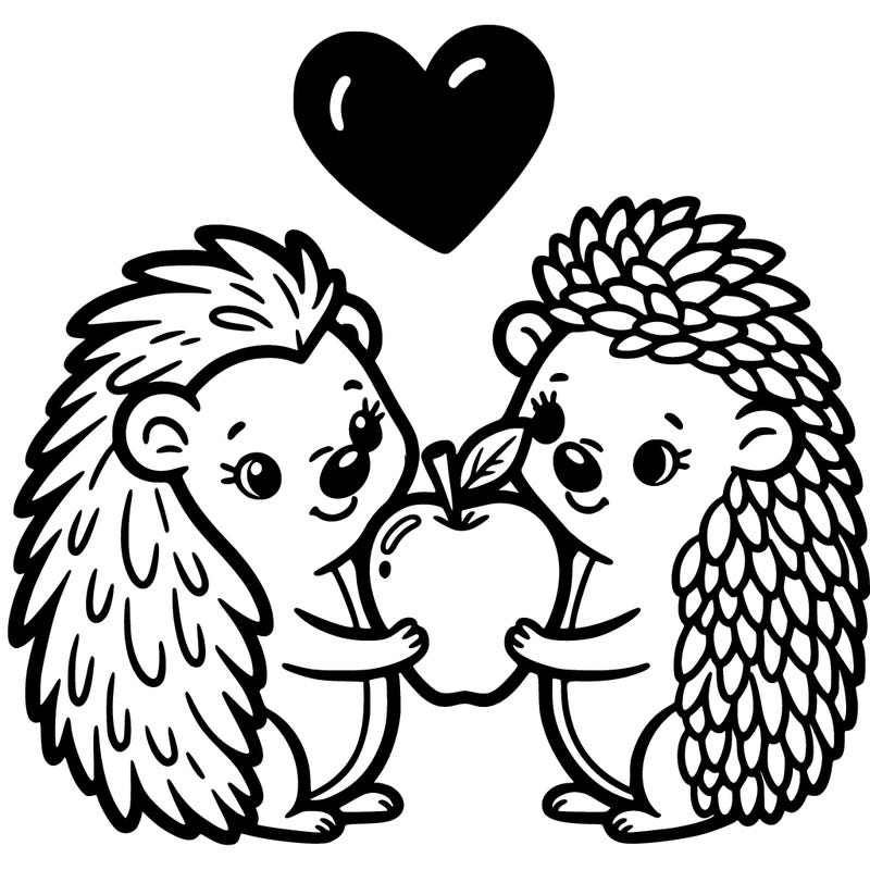 a hedgehog and a porcupine sharing a heart-shaped apple.