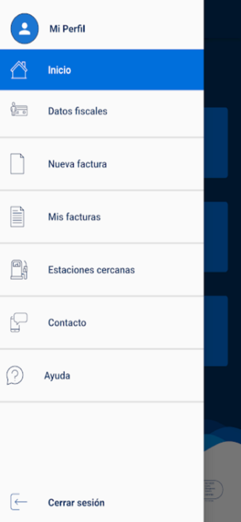 FacturaGAS - Sidebar navigation menu of the FacturaGAS app displaying options for profile tax data and invoices