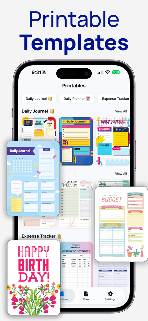 Mobile app interface showcasing colorful printable templates for journals, planners, and budget tracking.