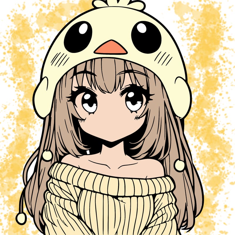 anime girl with chick shaped hat with sweater with bare shoulders with bangs covering them one eye with low tail