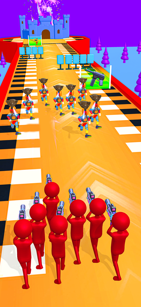 Stickman Wars - Stickman Games - Red stickmen shooting guns in a runner game level towards a blue castle
