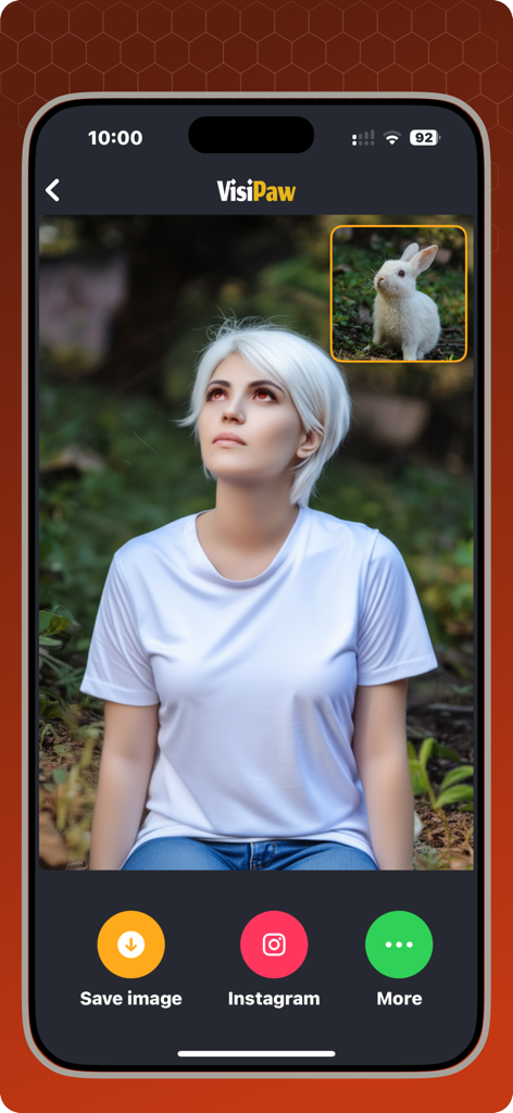 Pet To Human - VisiPaw - VisiPaw app screen showing a white rabbit transformed into a human woman with white hair