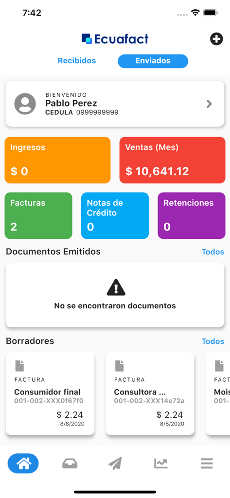 Ecuafact - Ecuafact mobile app dashboard displaying monthly sales summary and electronic invoice drafts