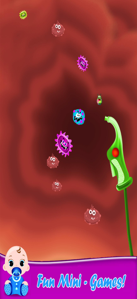 Newborn Twin Baby Mommy Doctor - A fun mini game where kids use a green tool to blast away colorful cartoon germs.