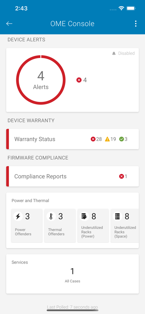 OpenManage Mobile - OpenManage Mobile OME Console dashboard showing device alerts, warranty status, and power and thermal monitoring